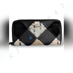 Coach Leather Patchwork Zip Accordion Wallet Snakeskin Suede Black Cream White